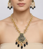 Gold-toned black beaded long necklace set with enamel thewa pendant and earrings