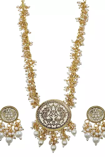 Gold-plated pearl beaded kundan style jewellery set with necklace & earrings