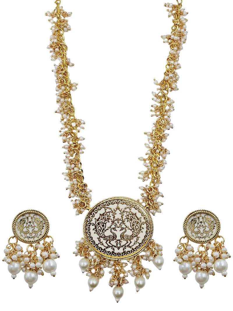 Gold-plated pearl beaded kundan style jewellery set with necklace & earrings