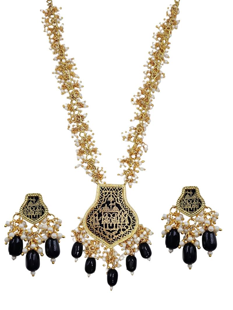 Gold-toned black beaded long necklace set with enamel thewa pendant and earrings