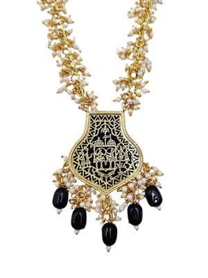 Gold-toned black beaded long necklace set with enamel thewa pendant and earrings 5