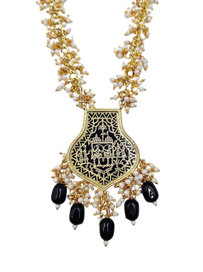 Gold-toned black beaded long necklace set with enamel thewa pendant and earrings