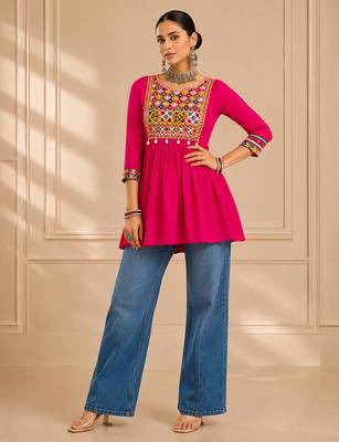 Pink gamthi mirror work rayon kediya top 1