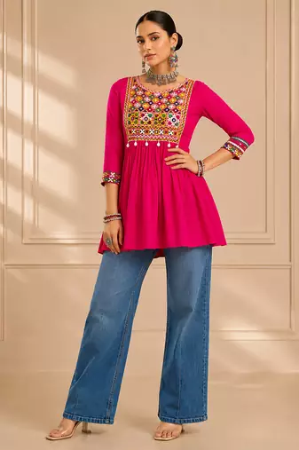 Pink gamthi mirror work rayon kediya top