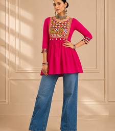 Pink gamthi mirror work rayon kediya top