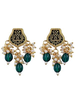 Gold-toned green pearl beaded thewa jewellery set with earrings 4
