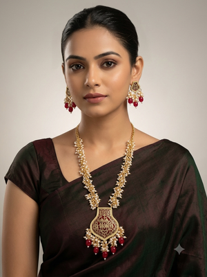 Gold-toned pearl beaded temple jewellery set with maroon stone pendant & earrings 1