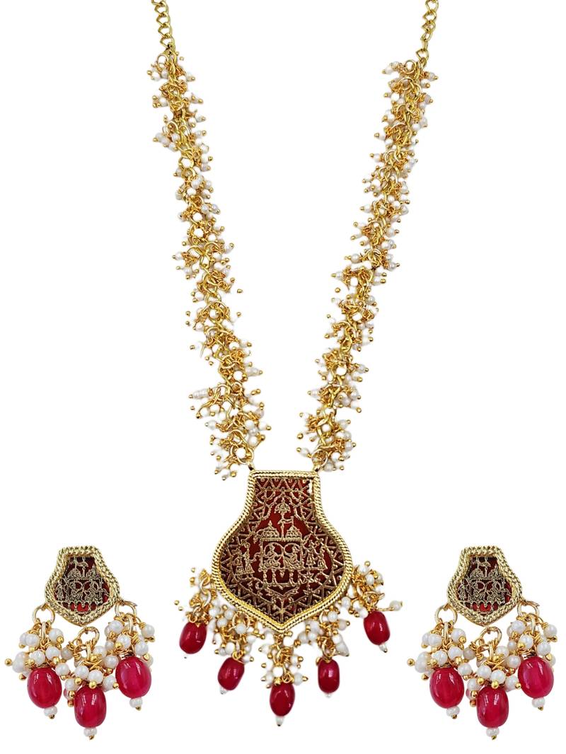 Gold-toned pearl beaded temple jewellery set with maroon stone pendant & earrings