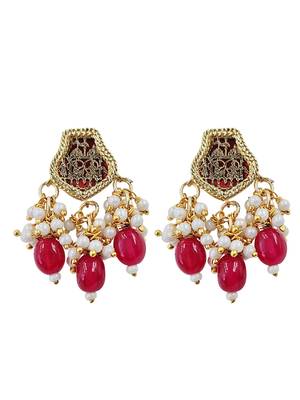 Gold-toned pearl beaded temple jewellery set with maroon stone pendant & earrings 3