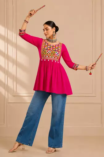 Pink gamthi mirror work rayon kediya top