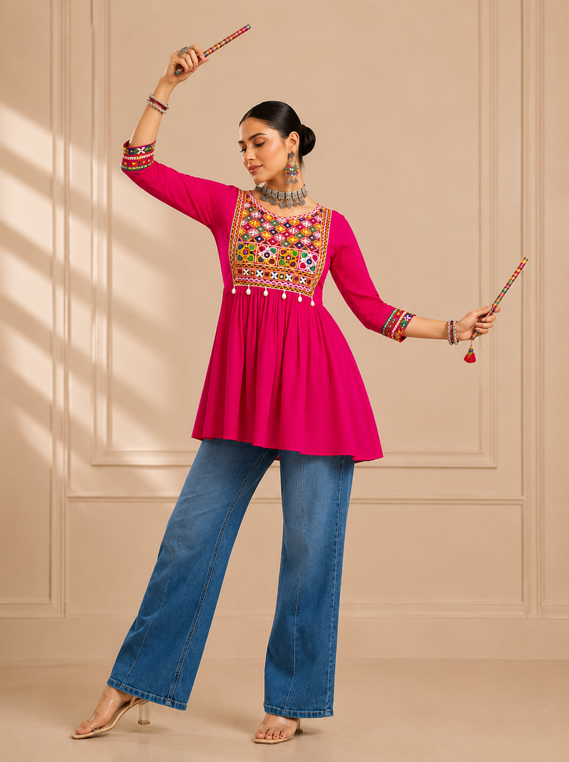 Pink gamthi mirror work rayon kediya top