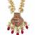 Gold-toned pearl beaded temple jewellery set with maroon stone pendant & earrings