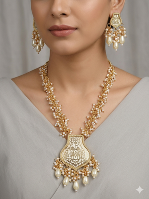 Gold-toned & white pearl-beaded temple jewellery necklace & earrings set 1