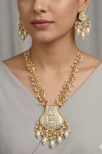 Gold-toned & white pearl-beaded temple jewellery necklace & earrings set