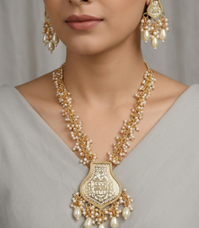 Gold-toned & white pearl-beaded temple jewellery necklace & earrings set