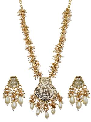 Gold-toned & white pearl-beaded temple jewellery necklace & earrings set 2