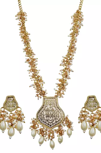 Gold-toned & white pearl-beaded temple jewellery necklace & earrings set