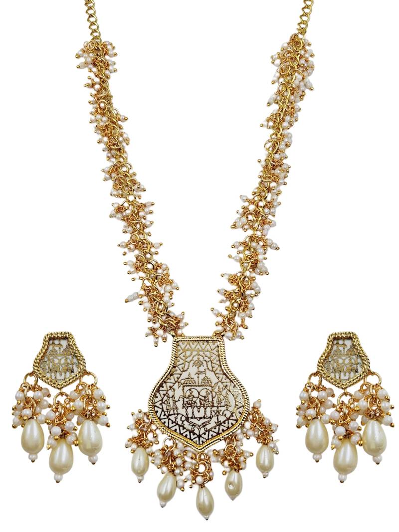 Gold-toned & white pearl-beaded temple jewellery necklace & earrings set