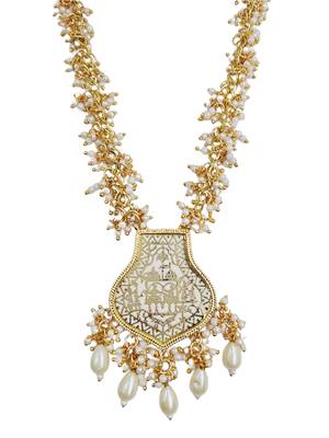 Gold-toned & white pearl-beaded temple jewellery necklace & earrings set 4
