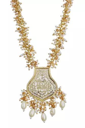 Gold-toned & white pearl-beaded temple jewellery necklace & earrings set