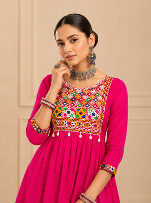 Pink gamthi mirror work rayon kediya top 3