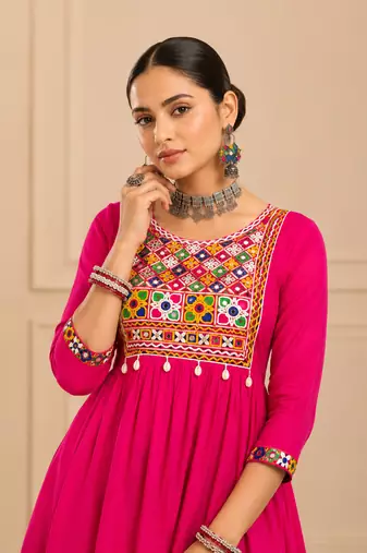 Pink gamthi mirror work rayon kediya top