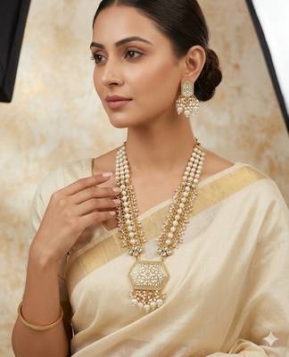 Antique gold-toned kundan pearl cluster necklace set with hexagonal meenakari pendant and pearl jhumka earrings 1