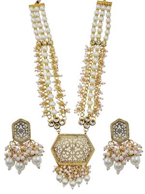 Antique gold-toned kundan pearl cluster necklace set with hexagonal meenakari pendant and pearl jhumka earrings 3