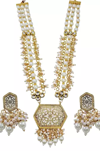 Antique gold-toned kundan pearl cluster necklace set with hexagonal meenakari pendant and pearl jhumka earrings