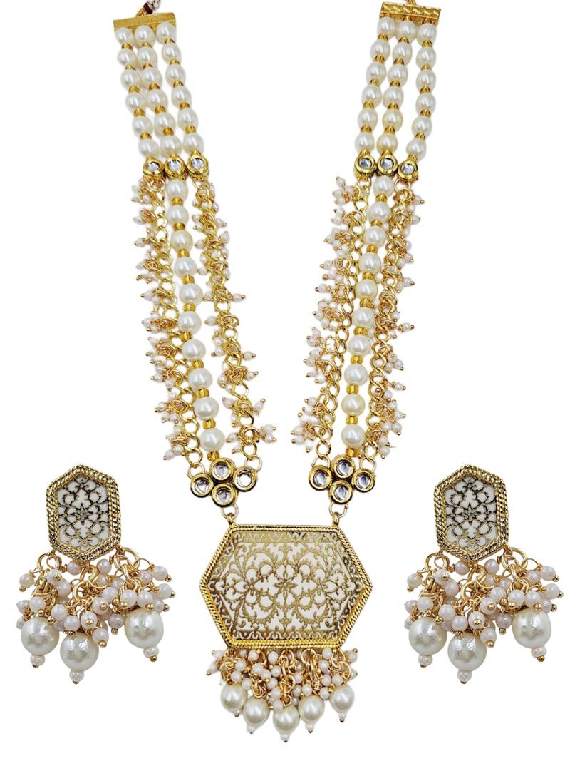 Antique gold-toned kundan pearl cluster necklace set with hexagonal meenakari pendant and pearl jhumka earrings