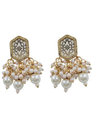 Antique gold-toned kundan pearl cluster necklace set with hexagonal meenakari pendant and pearl jhumka earrings 4