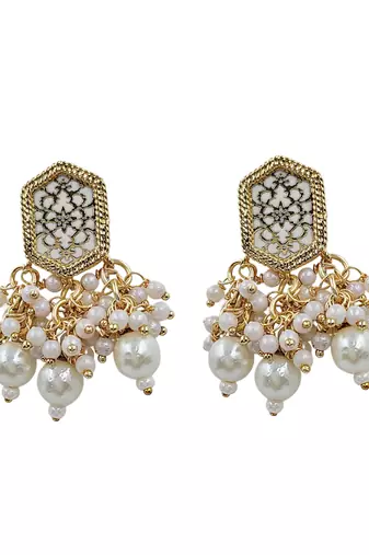 Antique gold-toned kundan pearl cluster necklace set with hexagonal meenakari pendant and pearl jhumka earrings