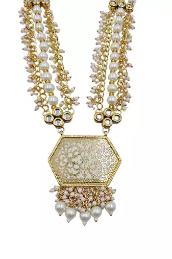 Antique gold-toned kundan pearl cluster necklace set with hexagonal meenakari pendant and pearl jhumka earrings