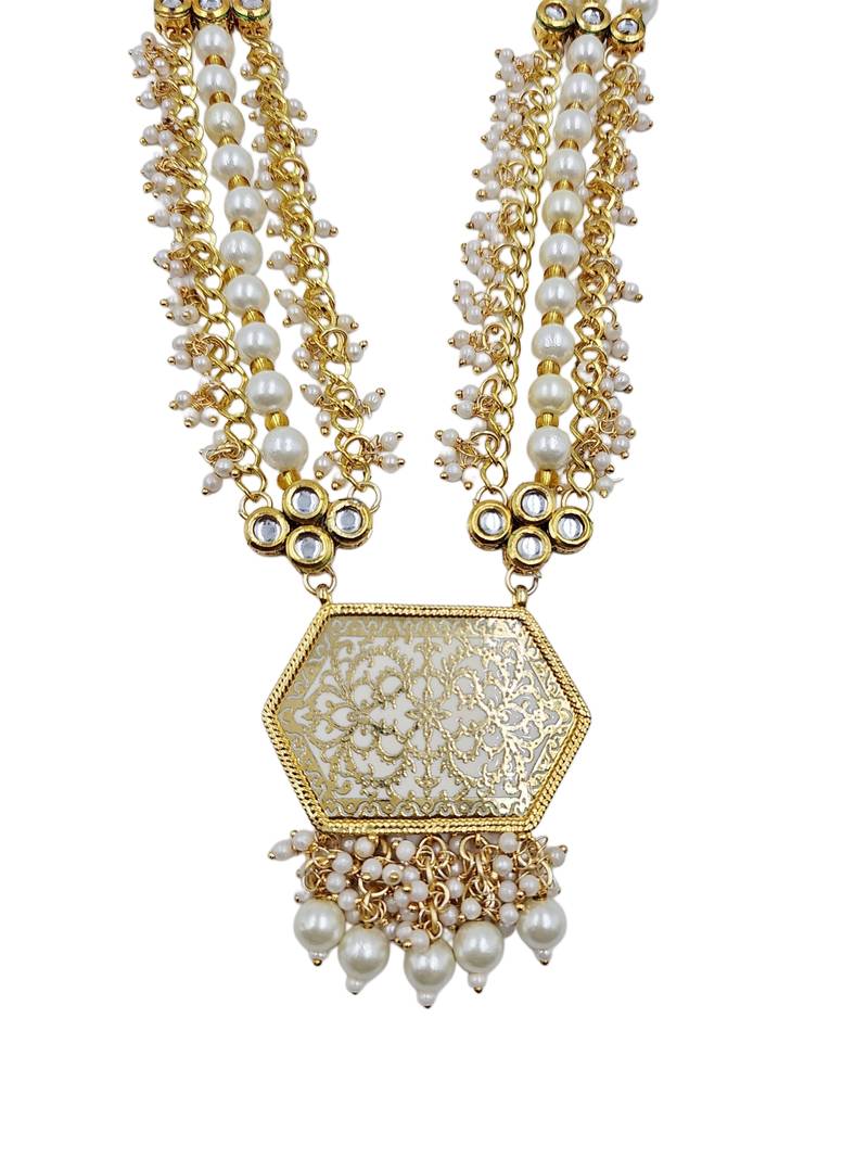 Antique gold-toned kundan pearl cluster necklace set with hexagonal meenakari pendant and pearl jhumka earrings