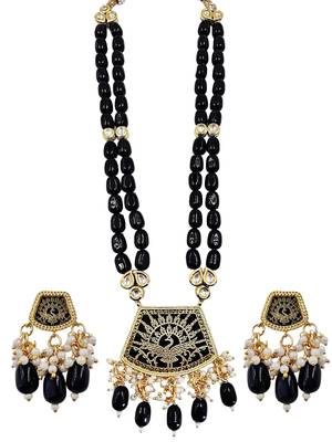 Gold-toned black kundan-studded peacock design long beaded necklace with earrings 1