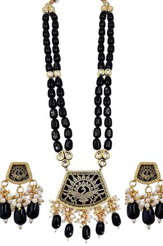 Gold-toned black kundan-studded peacock design long beaded necklace with earrings