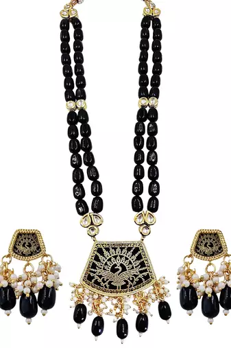 Gold-toned black kundan-studded peacock design long beaded necklace with earrings