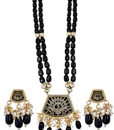 Gold-toned black kundan-studded peacock design long beaded necklace with earrings
