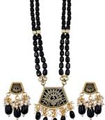 Gold-toned black kundan-studded peacock design long beaded necklace with earrings