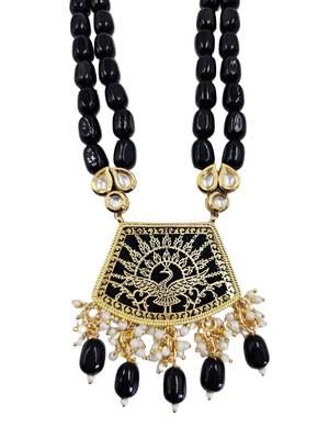 Gold-toned black kundan-studded peacock design long beaded necklace with earrings 2