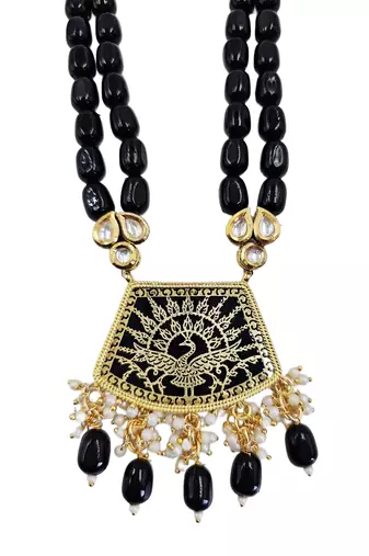 Gold-toned black kundan-studded peacock design long beaded necklace with earrings