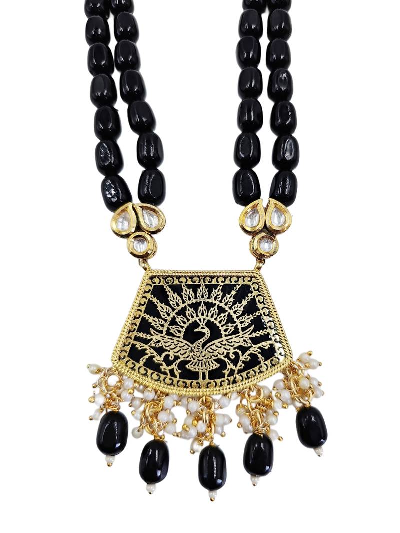Gold-toned black kundan-studded peacock design long beaded necklace with earrings