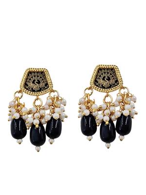 Gold-toned black kundan-studded peacock design long beaded necklace with earrings 3