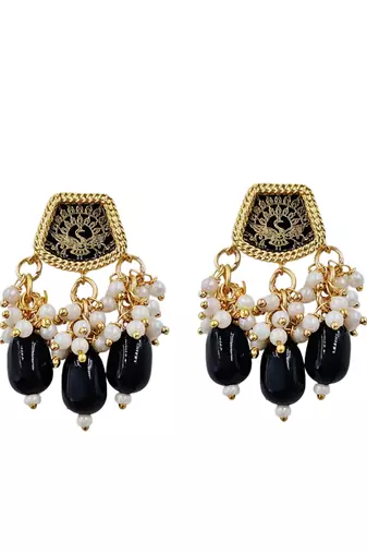 Gold-toned black kundan-studded peacock design long beaded necklace with earrings