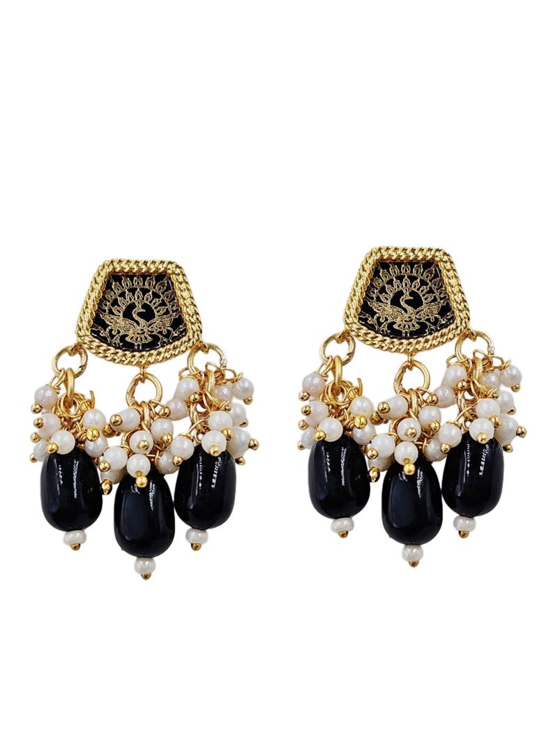 Gold-toned black kundan-studded peacock design long beaded necklace with earrings