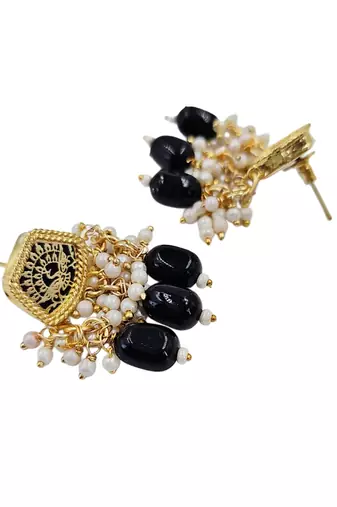 Gold-toned black kundan-studded peacock design long beaded necklace with earrings