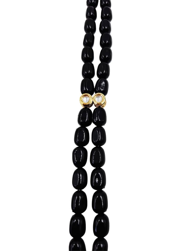 Gold-toned black kundan-studded peacock design long beaded necklace with earrings