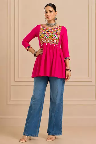 Pink gamthi mirror work rayon kediya top