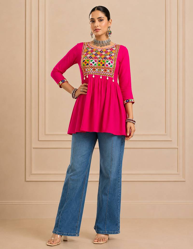 Pink gamthi mirror work rayon kediya top