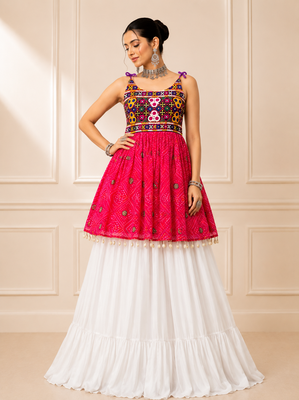 Pink Bandhani Kediya with Rayon Cotton Lehenga Set 1